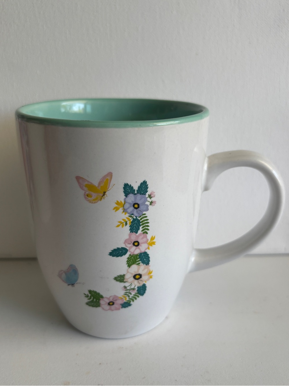 Mug/Letter J White Ceramic Floral Butterfly Mug with Mint Interior - Picture 3 of 6